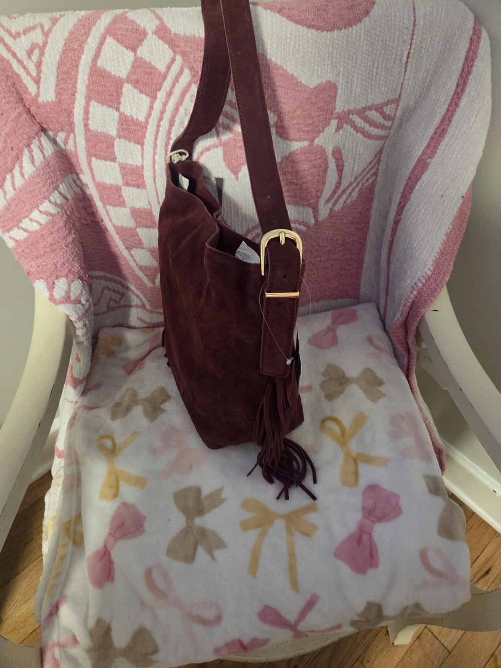 House of Harlow 1960 Burgundy Suede Fringe Shoulder Bag
